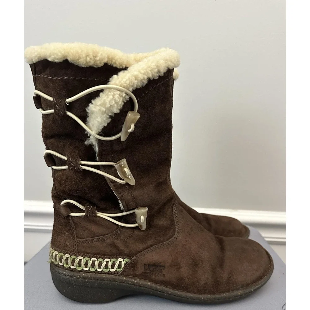 UGG Shearling Boots Kona Womens Size 9 Brown Suede Mid Calf Toggle Sheepskin
